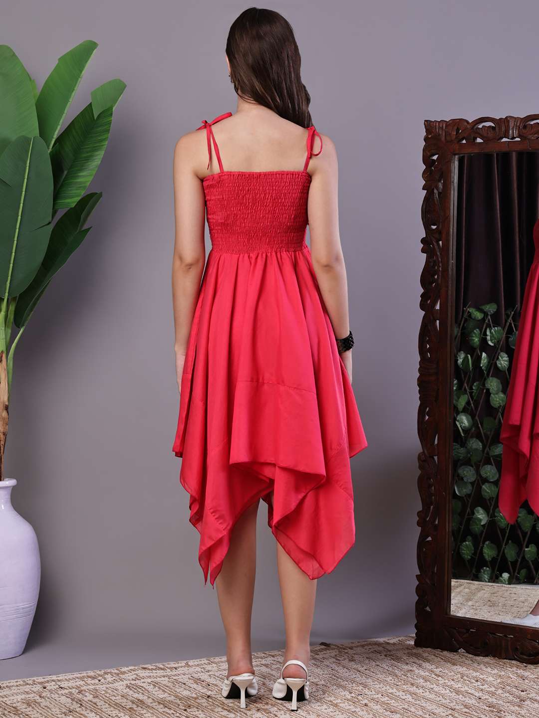 Women's Solid Red Cotton Handkerchief Hem Midi Dress Midi Dresses - Image 2