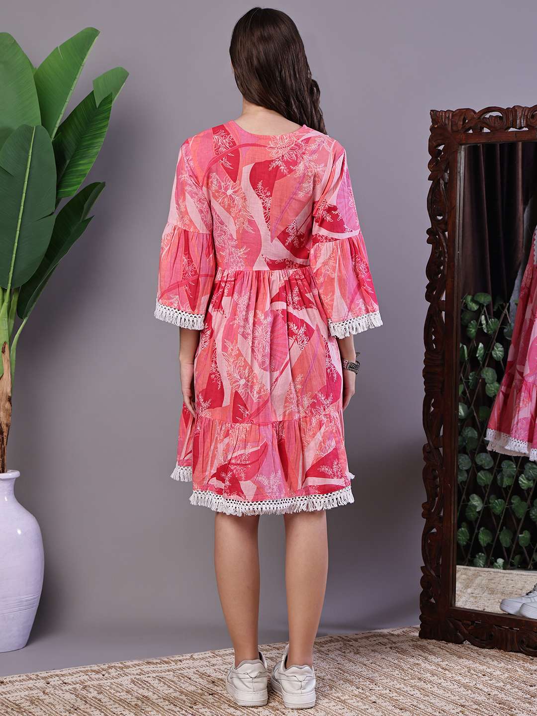 Wome's Pink Floral Printed Cotton A-Line Dress with Embroidered Yoke Midi Dresses - Image 2